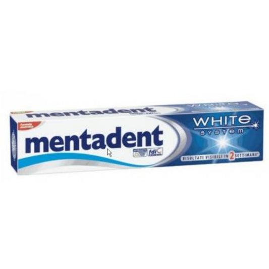Close-up of Mentadent White System toothpaste tubes