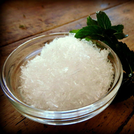 Menthol crystals packaged in a resealable stand-up bag for freshness