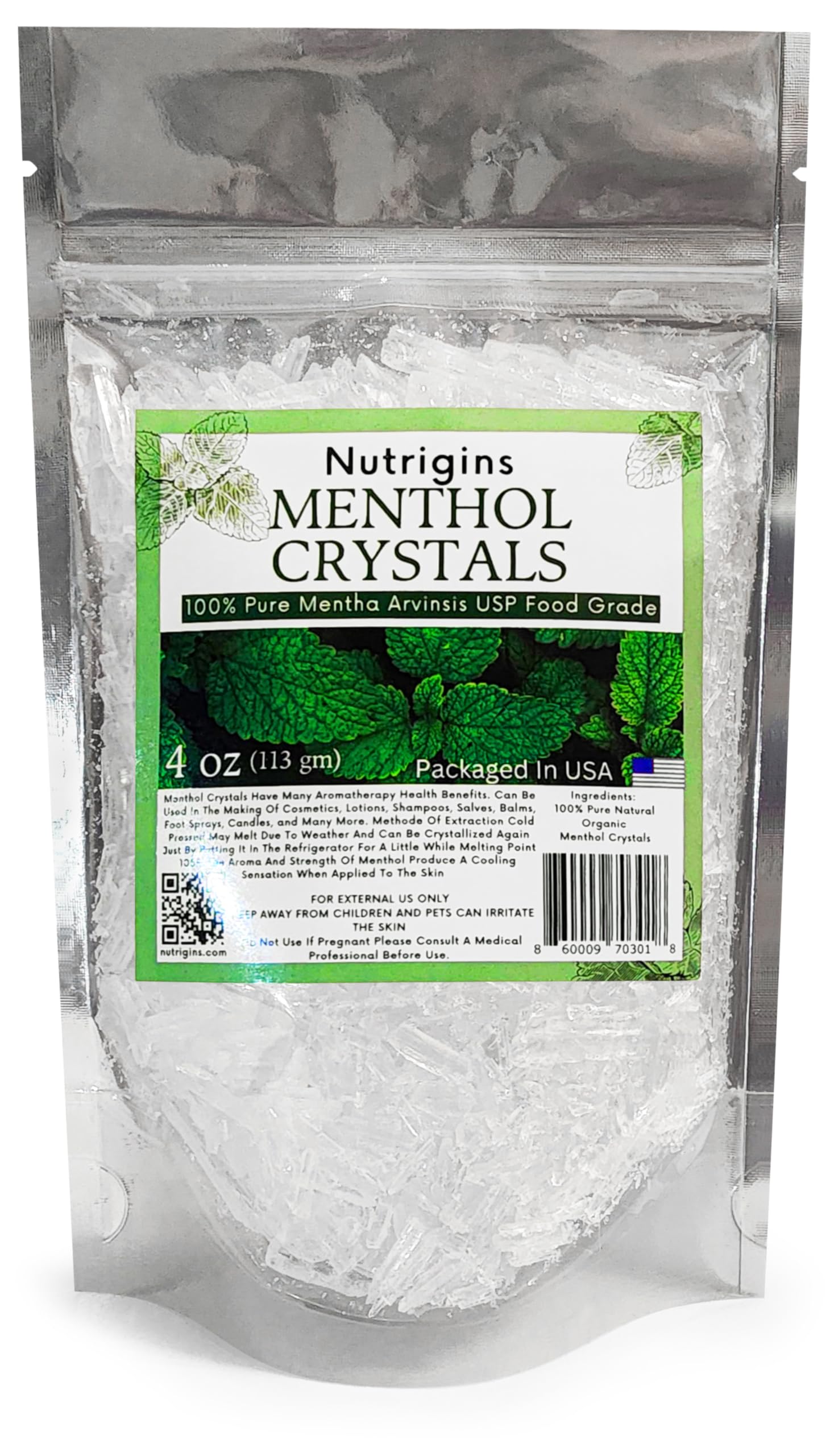 Front view of Menthol Crystals 4 oz resealable bag