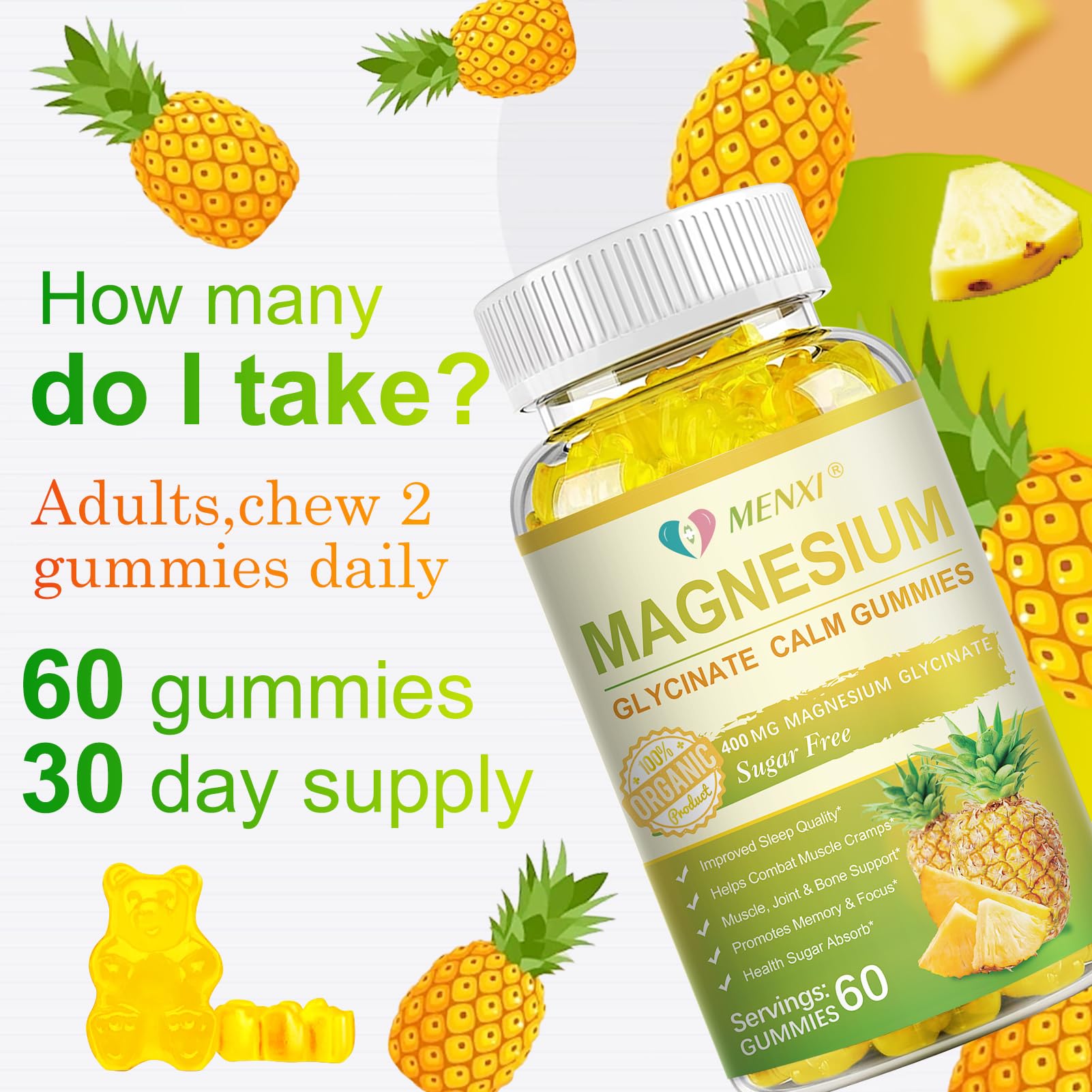 Ingredient panel highlights magnesium glycinate, taurate, malate with vitamin D3 and CoQ10.