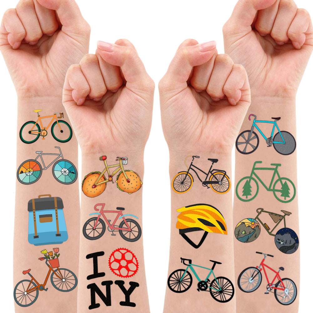 MeoIsDaBest bike tattoos sheet with colorful bike motifs for school prizes.