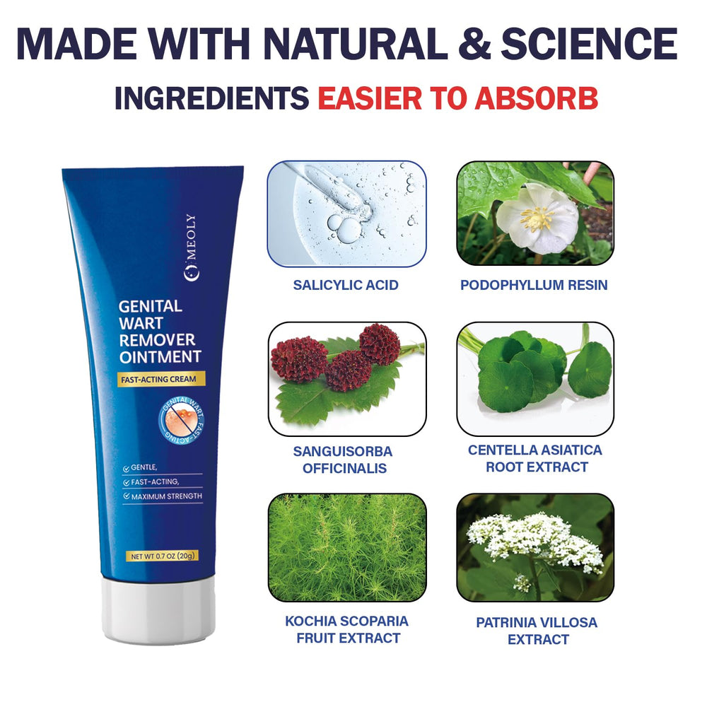 MEOLY Genital Wart Remover Cream close-up shows creamy texture for gentle use.