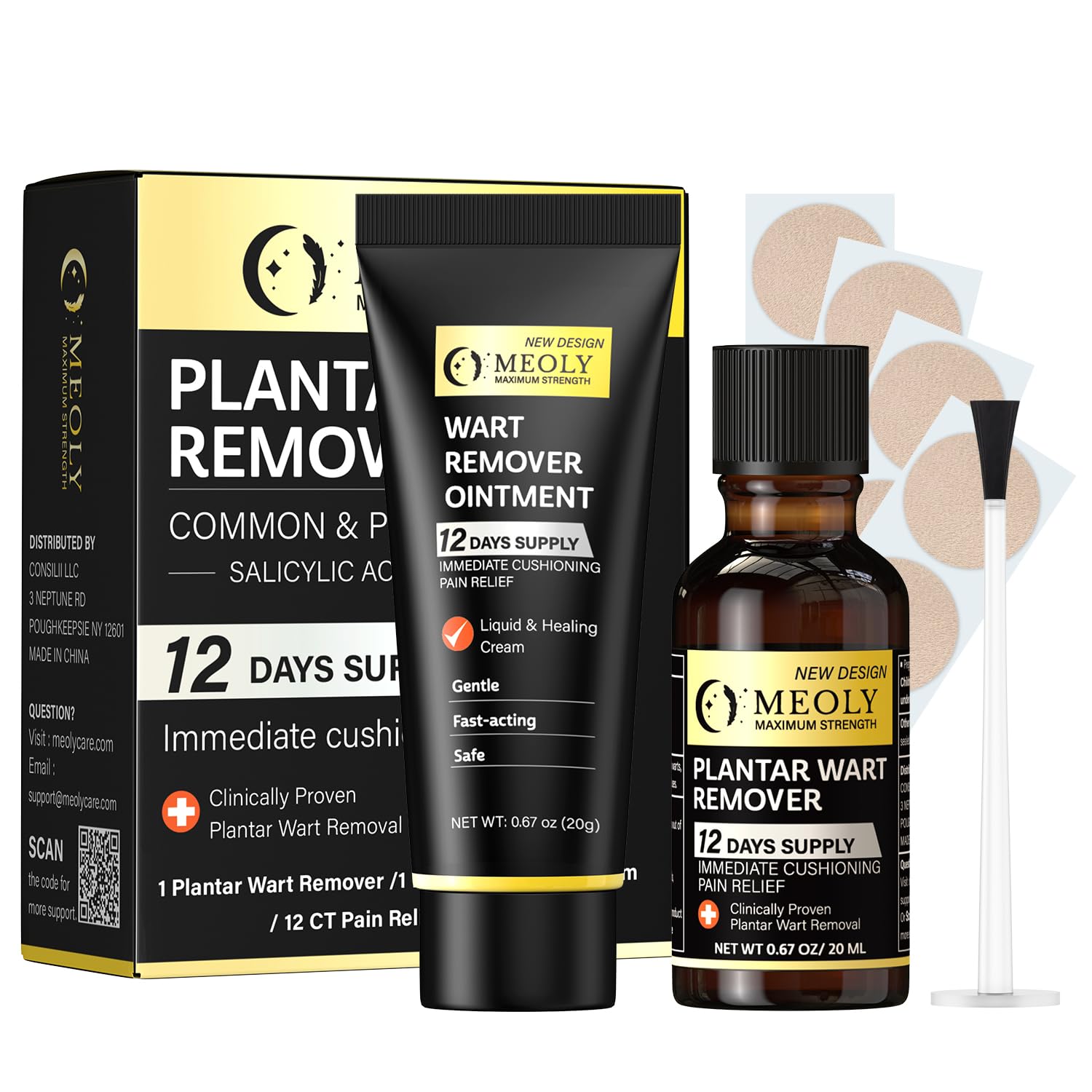 Meoly plantar wart remover set packaging shows the complete home treatment kit