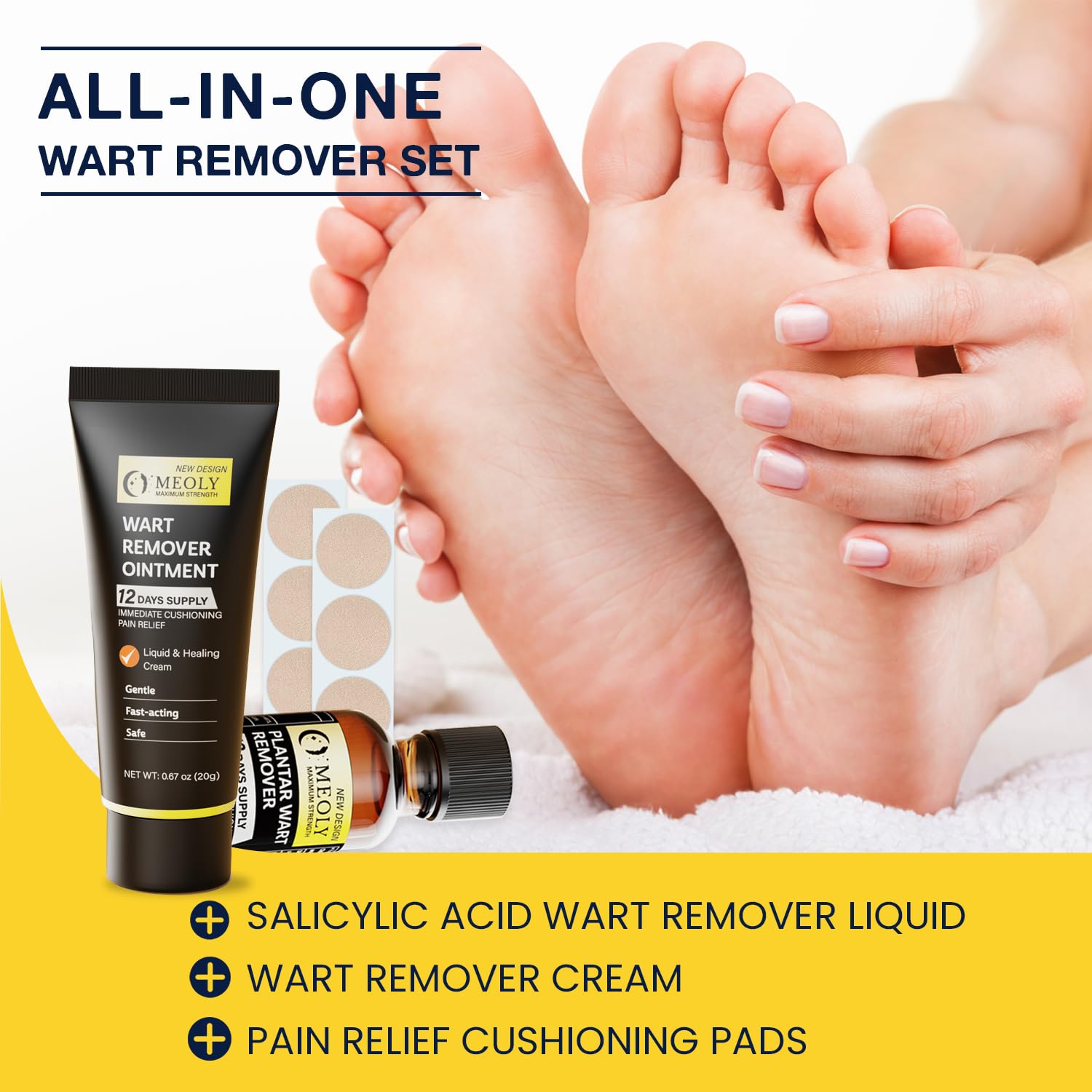 Meoly salicylic acid and essential oils closeup suggests gentle, accelerated wart care
