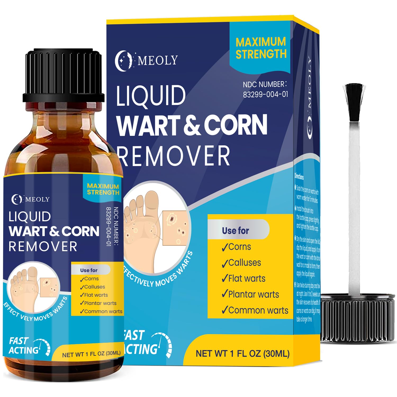 MEOLY Salicylic Wart Removal bottle demonstrates fast-acting wart treatment for clearer skin.