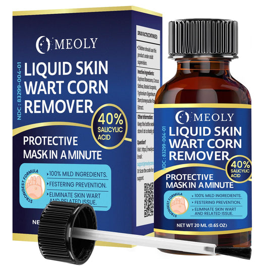 MEOLY wart remover bottle clearly labeled for at-home plantar wart care.