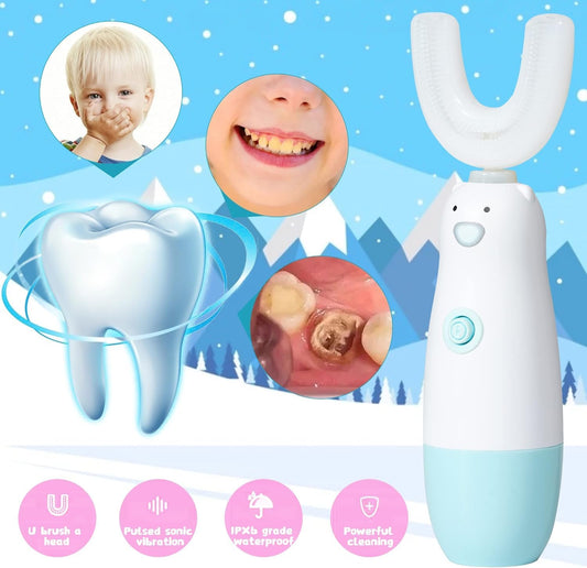 Front view of Meqtpomy toddler toothbrush blue