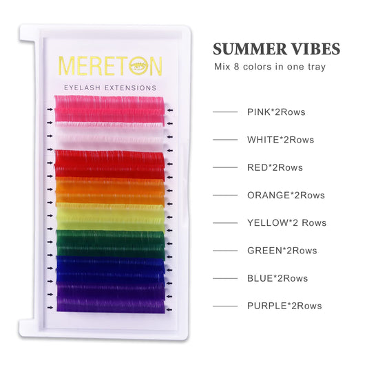 Mereton lashes with color blend seamlessly with black extensions for a pop of color.