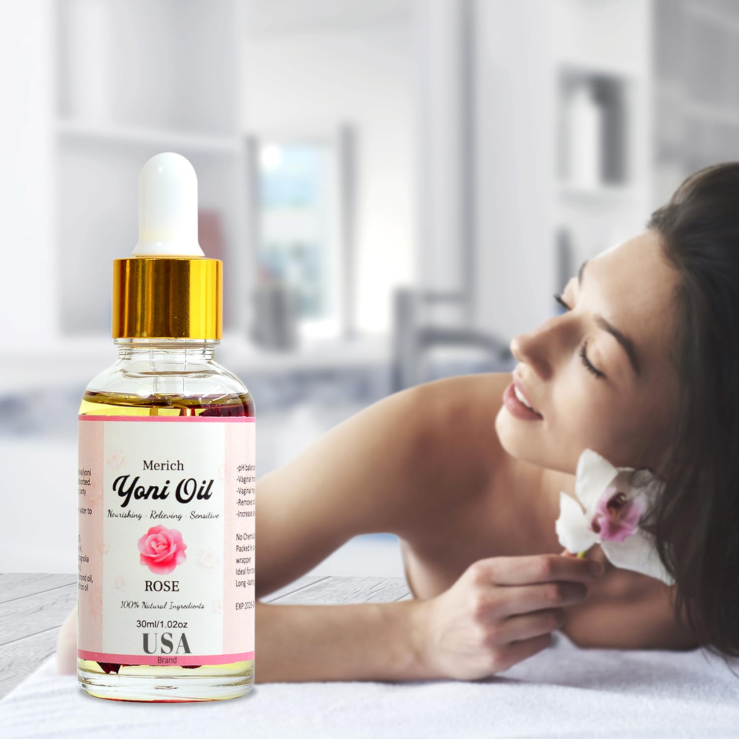 Woman applying MERICH Natural Yoni Oil for intimate care
