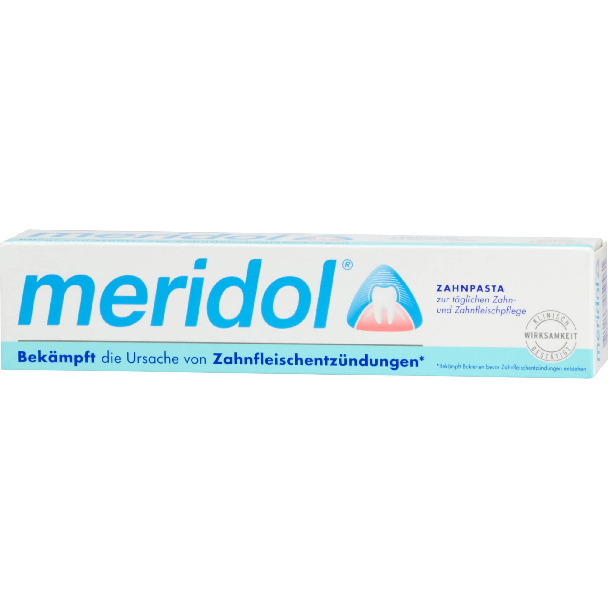 Close-up of Meridol toothpaste tube for irritated gums 75 ml