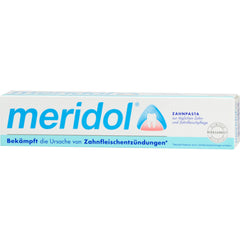 Close-up of Meridol toothpaste tube for irritated gums 75 ml