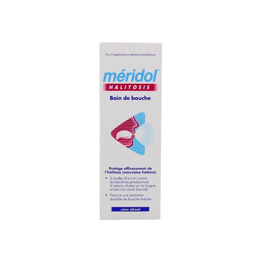 Close-up of Meridol HALITOSIS Mouthwash bottle and label