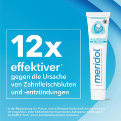 Meridol packaging with blue and white design