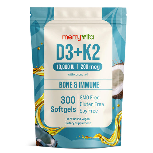 Merryvita D3 K2 softgels bottle with 300-count pouch, 10,000 IU D3 and 200 mcg K2 MK7