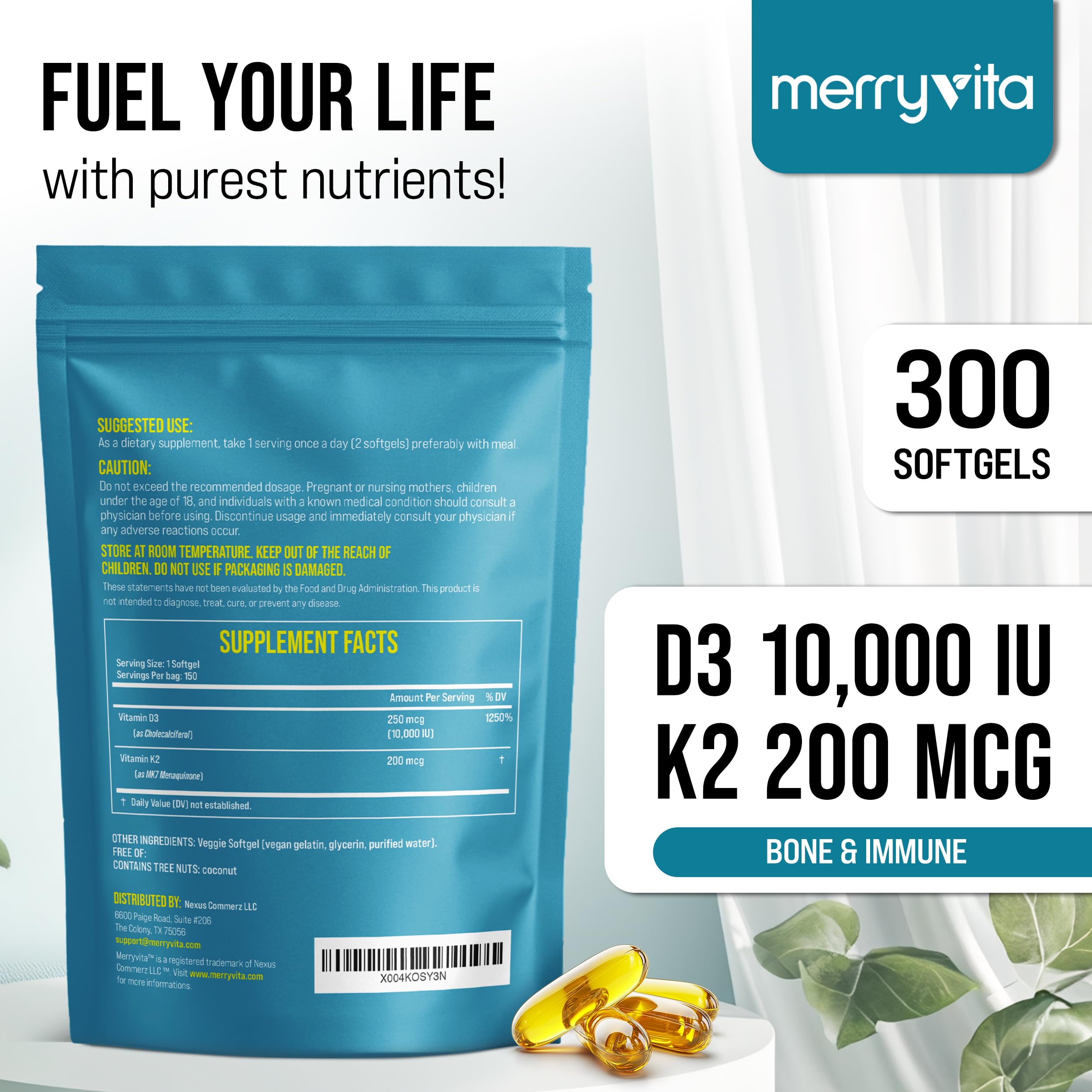 Vegan, gluten-free, non-GMO D3 K2 softgels with coconut oil