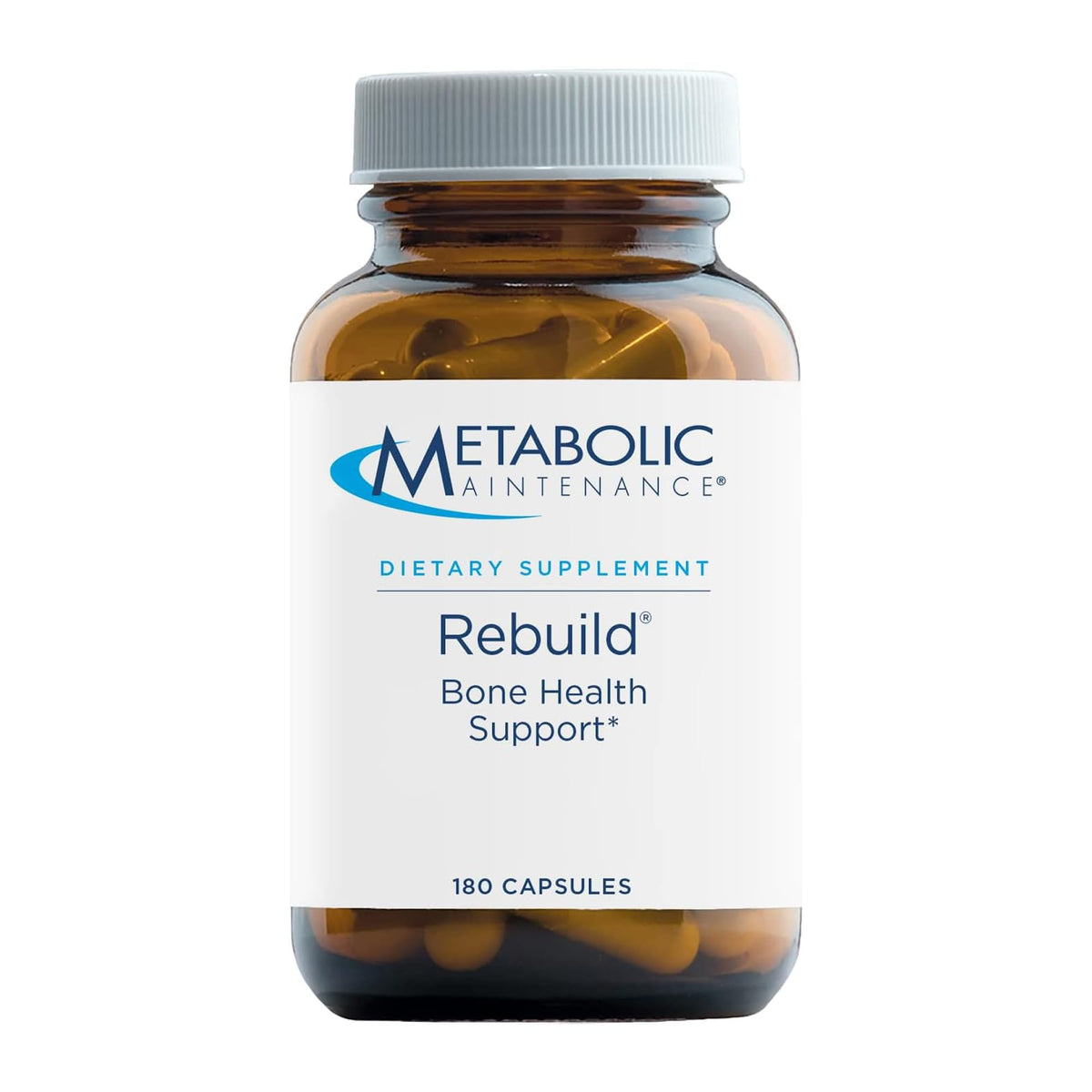 Front label of Metabolic Maintenance Rebuild bone health supplement bottle