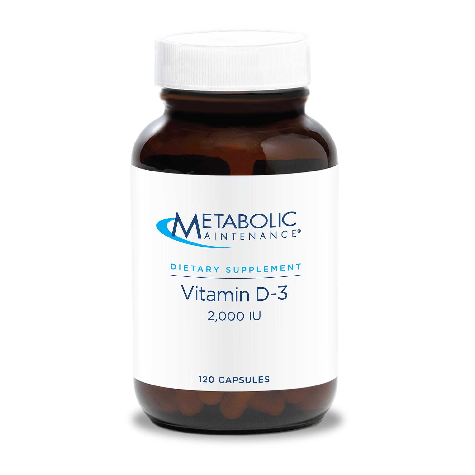Product hero image showing Metabolic Maintenance Vitamin D-3 2000 IU with Vitamin C bottle and capsules