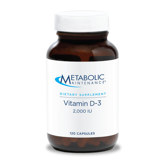Product hero image showing Metabolic Maintenance Vitamin D-3 2000 IU with Vitamin C bottle and capsules