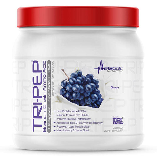 Front view of Metabolic Nutrition Tri-Pep Tripeptide BCAA powder in grape flavor, 400 g