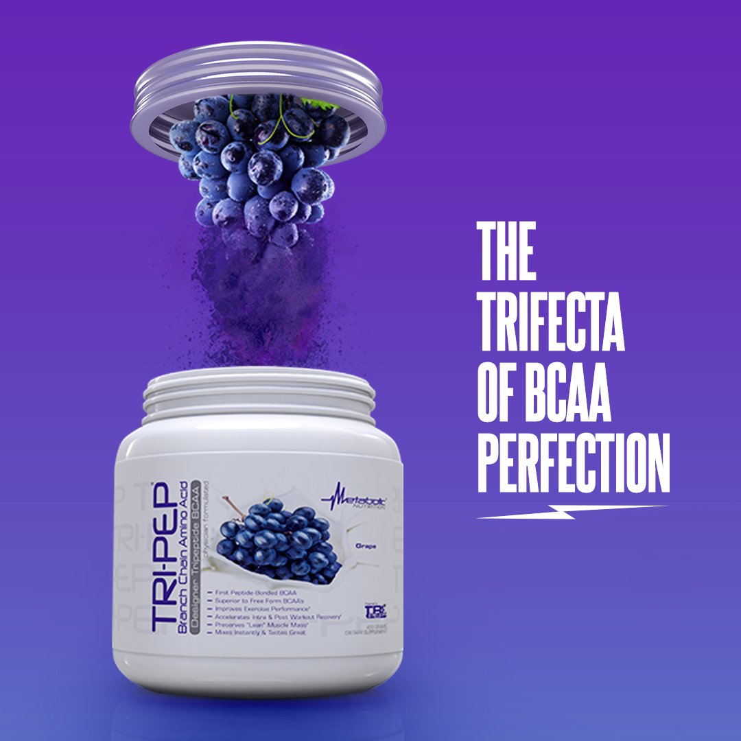 Scooped serving of Metabolic Nutrition Tri-Pep grape BCAA powder