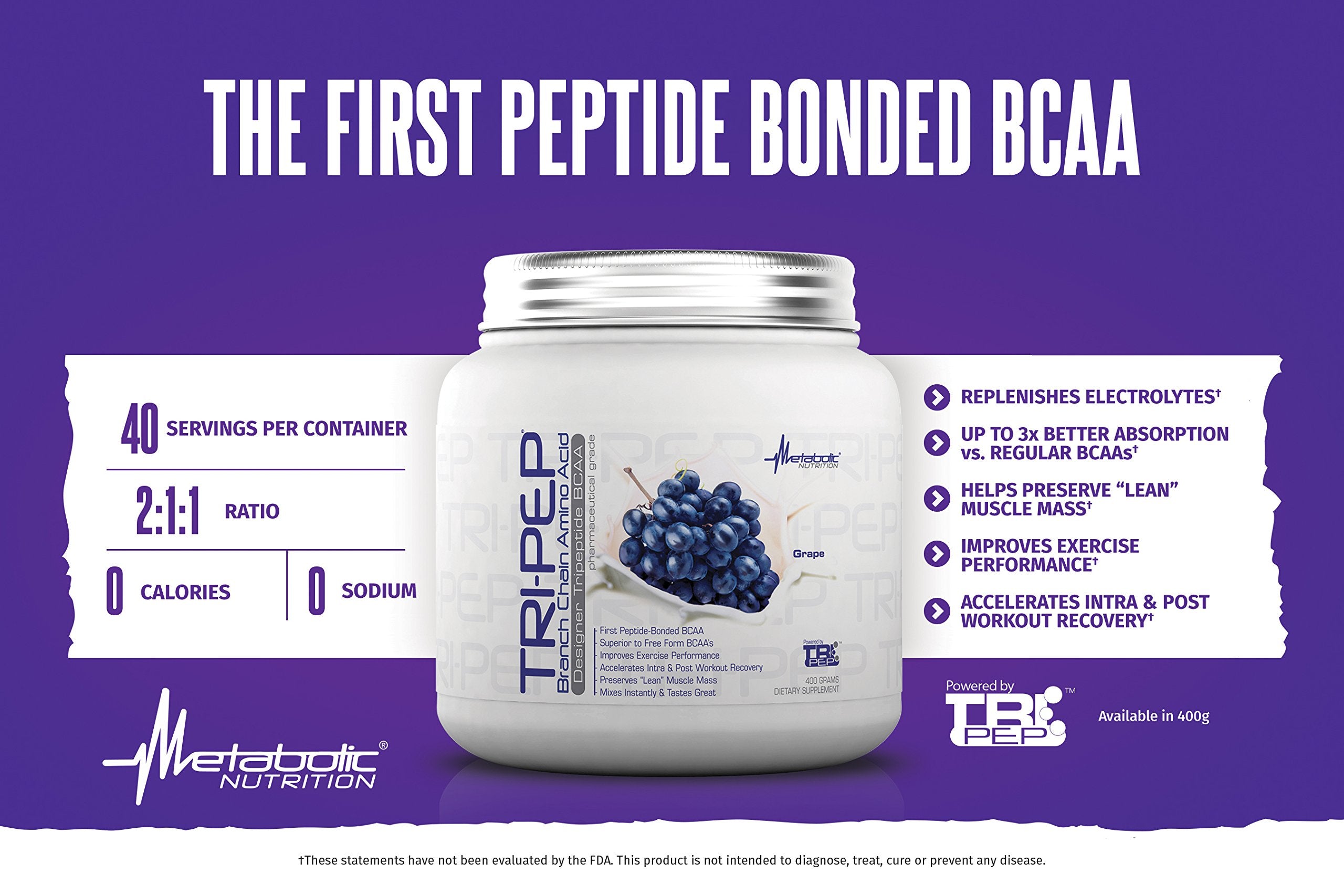 Nutrition label for Metabolic Nutrition TRIPEP 400g BCAA powder
