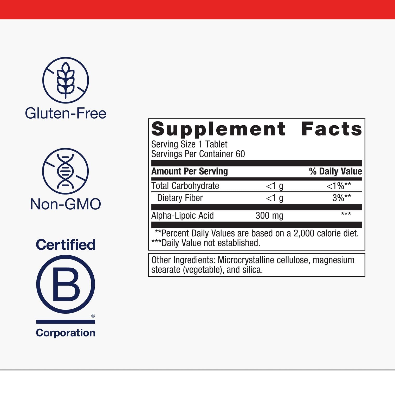 Supplement facts label for Metagenics Alpha-Lipoic Acid 300 mg
