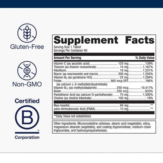 Close-up of label highlighting active B6 and B12 with folate