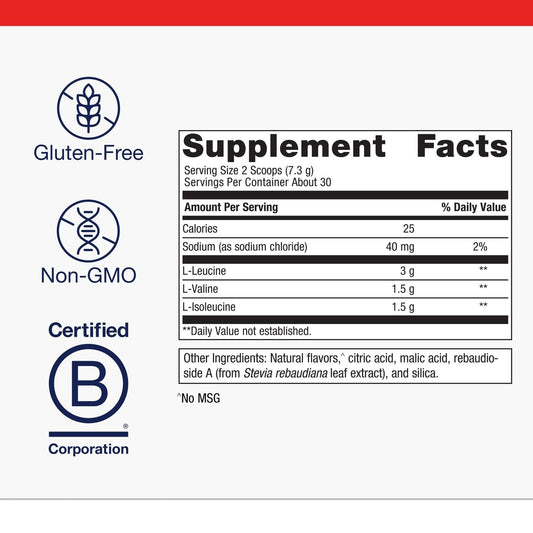 Back of Metagenics BCAAs Powder Orange Mango bottle showing nutrition panel