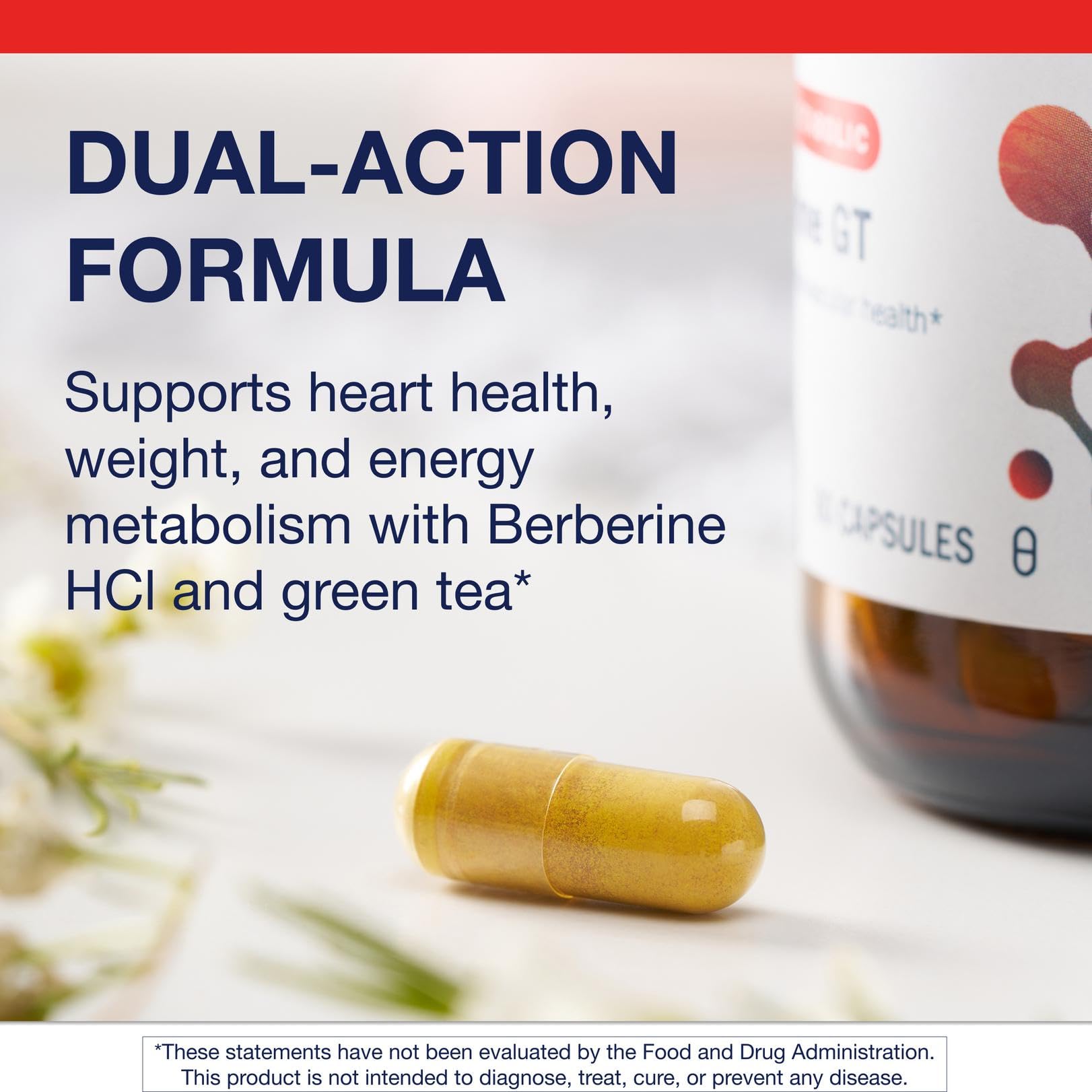 Metagenics Berberine GT decaf green tea extract highlight for caffeine-free benefits.