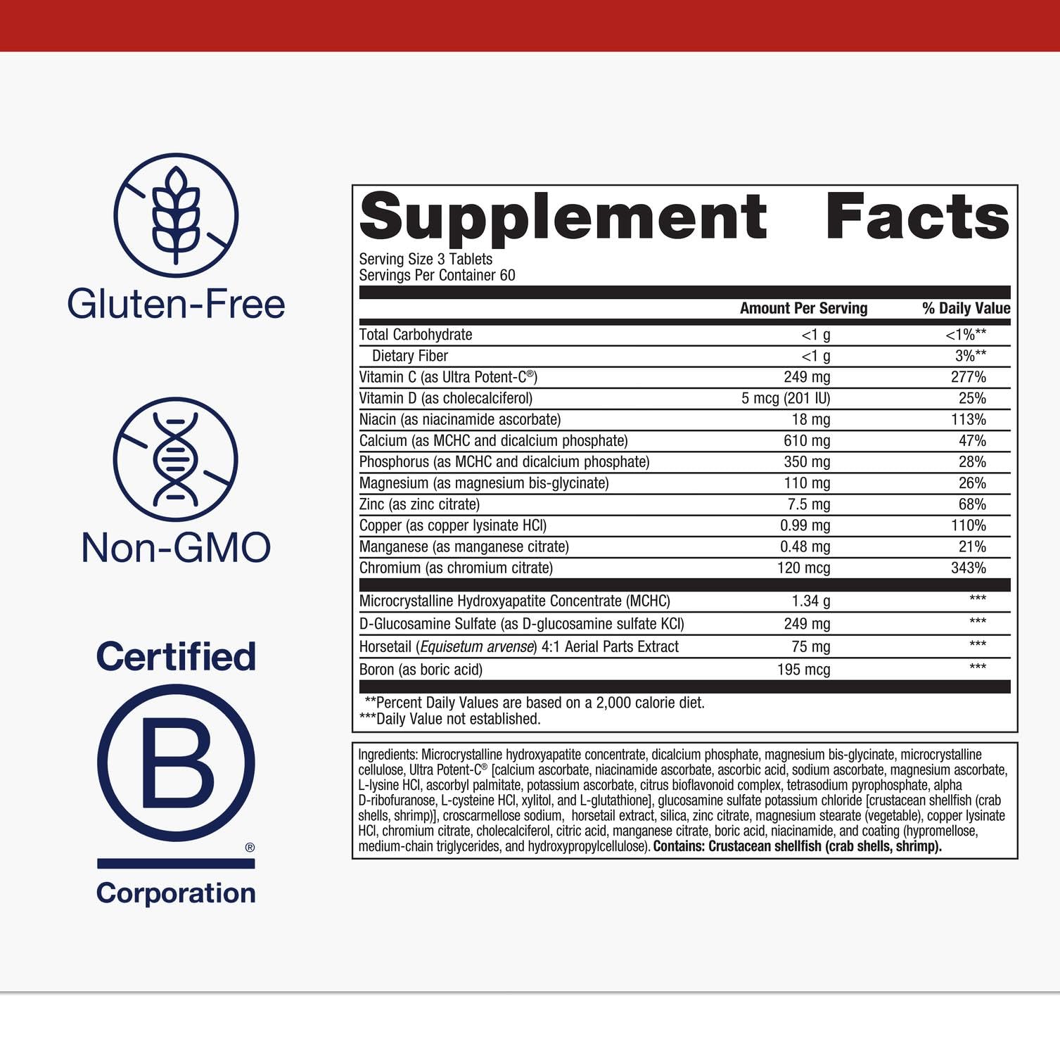 Supplement facts label for Metagenics Bone Builder Active