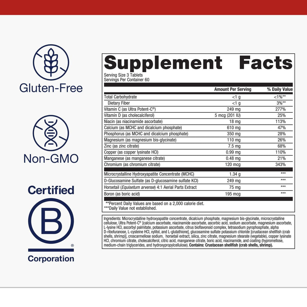 Supplement facts label for Metagenics Bone Builder Active