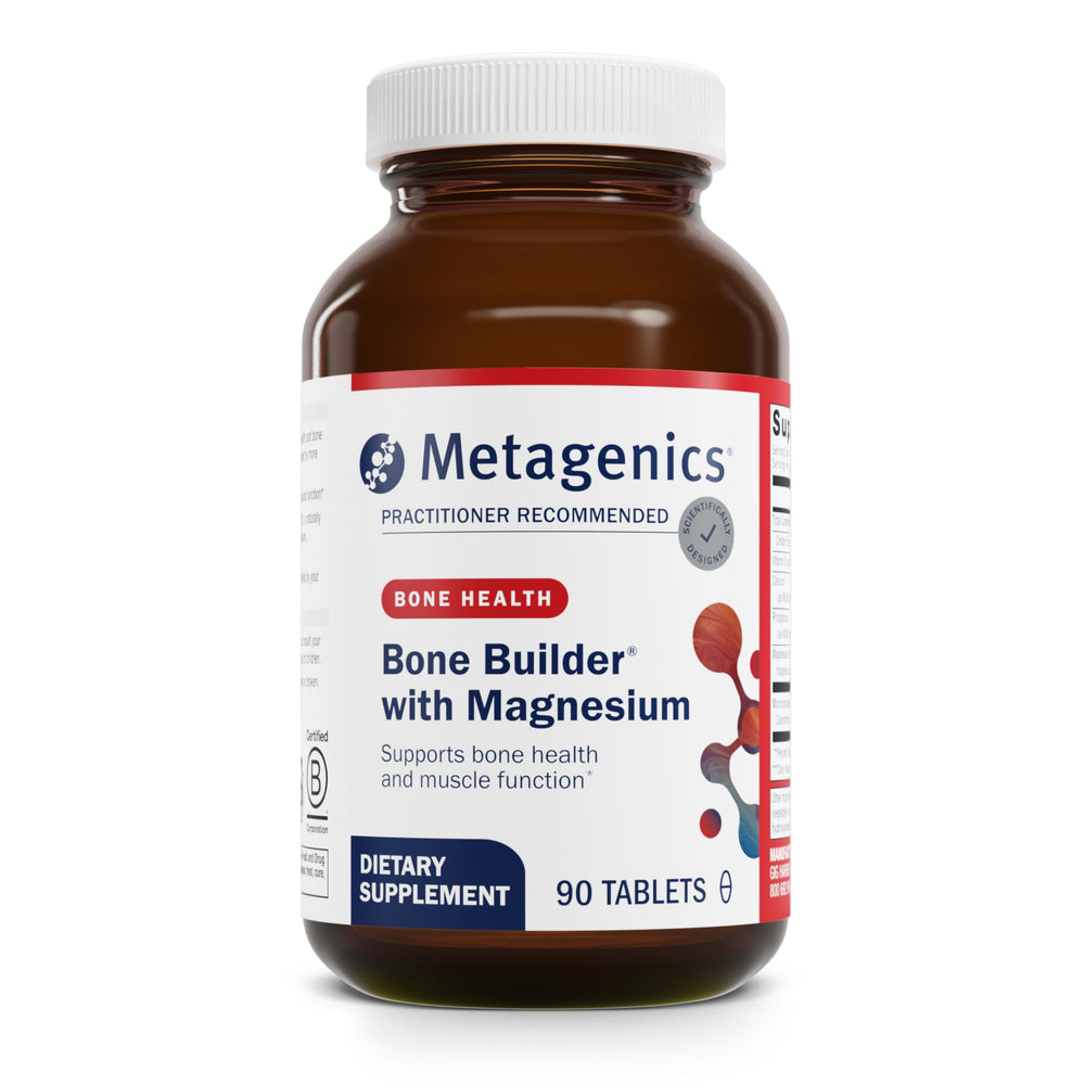 Metagenics Bone Builder bottle front shows calcium and vitamin D for bone support.
