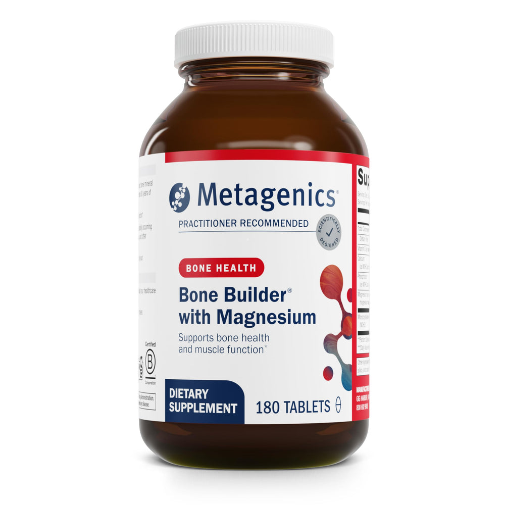 Metagenics Bone Builder bottle front shows calcium and magnesium support for bones.