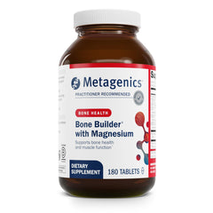 Metagenics Bone Builder bottle front shows calcium and magnesium support for bones.