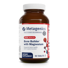 Metagenics Bone Builder bottle front shows calcium and vitamin D for bone support.