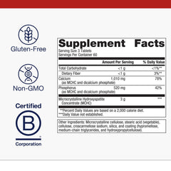 Metagenics Bone Builder Extra Strength bottle label showing calcium and phosphorus content.