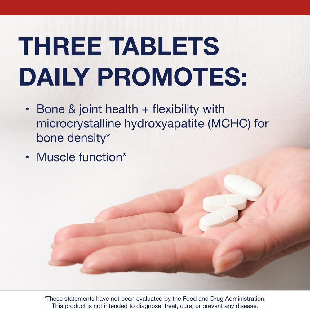 Close-up of Metagenics Bone Builder tablets emphasizing chelated minerals for quick uptake.