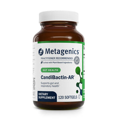 Metagenics Candibactin-AR bottle pour reveals enteric-coated capsules for gut comfort.