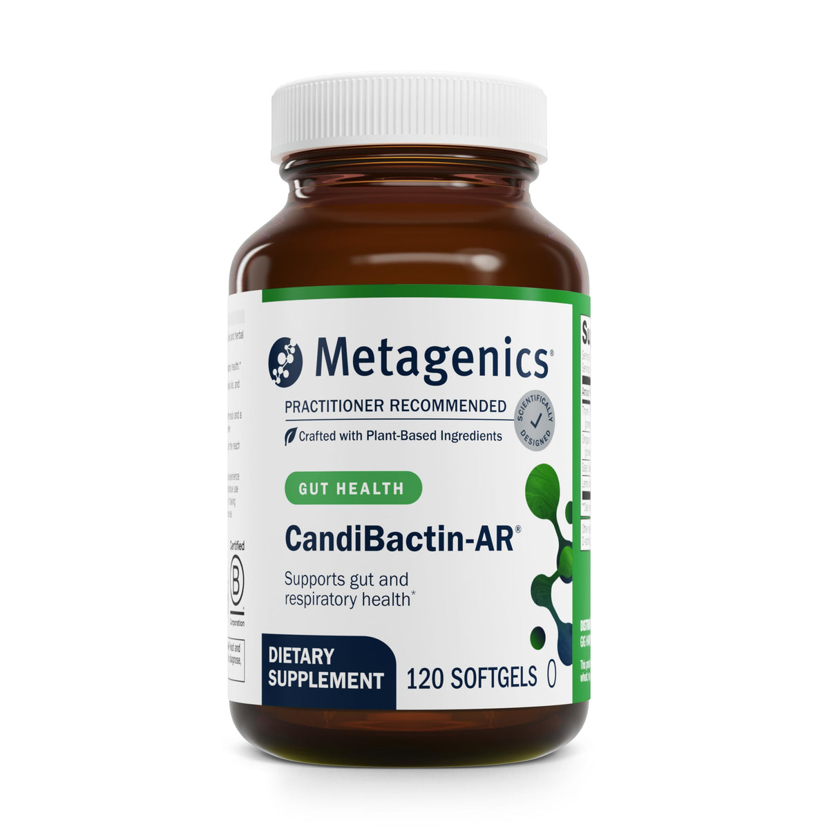 Bottle of Metagenics CandiBactin-AR enteric-coated softgels