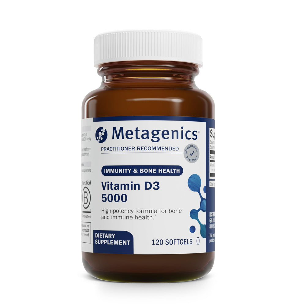 Metagenics D3 5000 IU softgels in coconut oil bottle