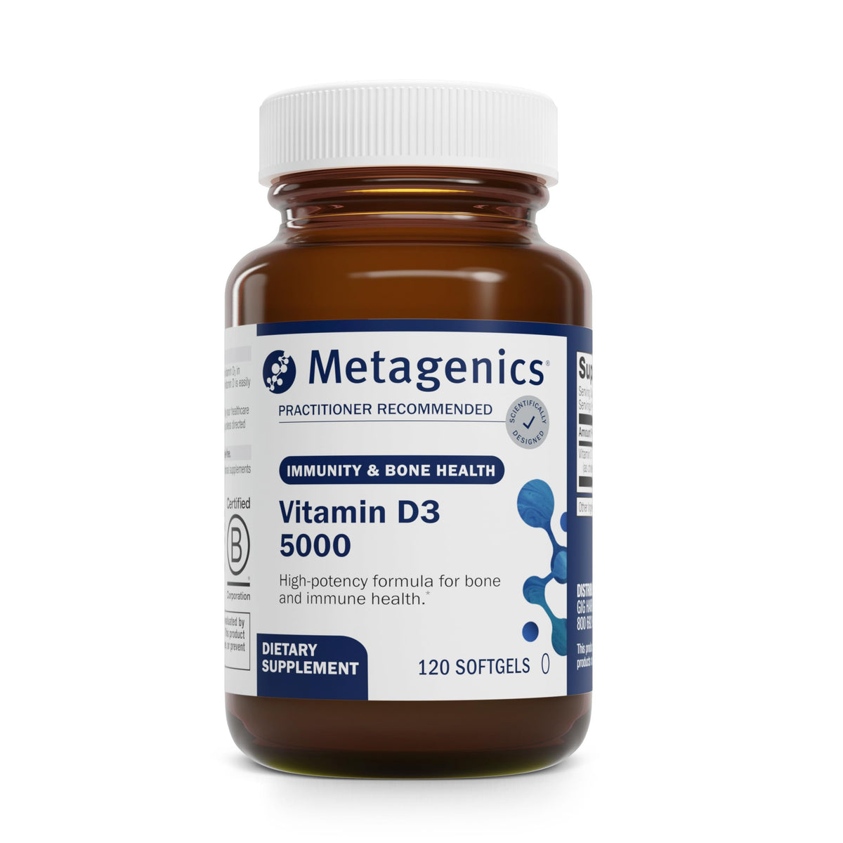 Metagenics D3 5000 IU softgels in coconut oil bottle