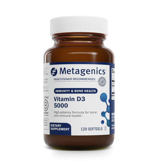 Metagenics D3 5000 IU softgels in coconut oil bottle