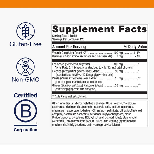Close-up of echinacea, perilla seed, licorice, ginger, and vitamin C ingredients