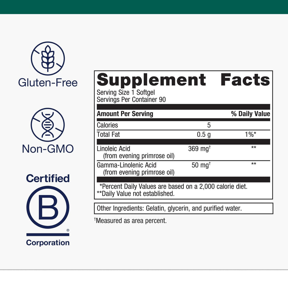 Close-up of evening primrose oil softgel showing 419 mg omega-6 and 50 mg GLA
