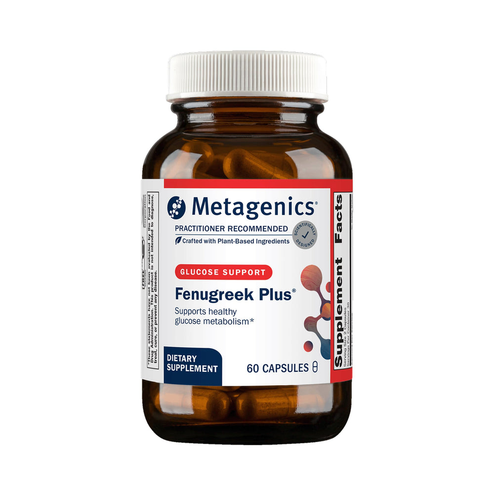 Metagenics Fenugreek Plus bottle and capsules on white background