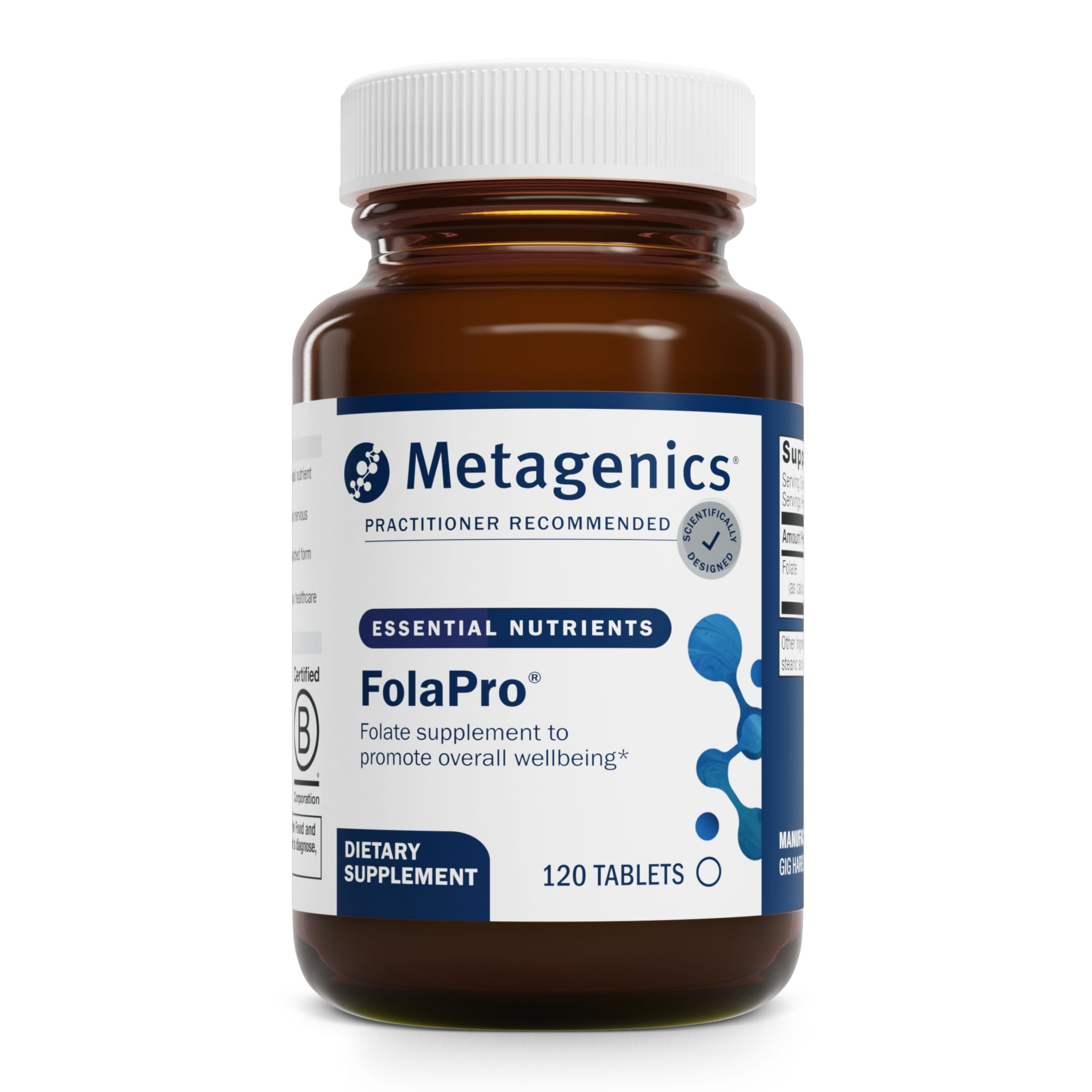 Metagenics FolaPro tablet close-up highlighting methylated folate for methylation support