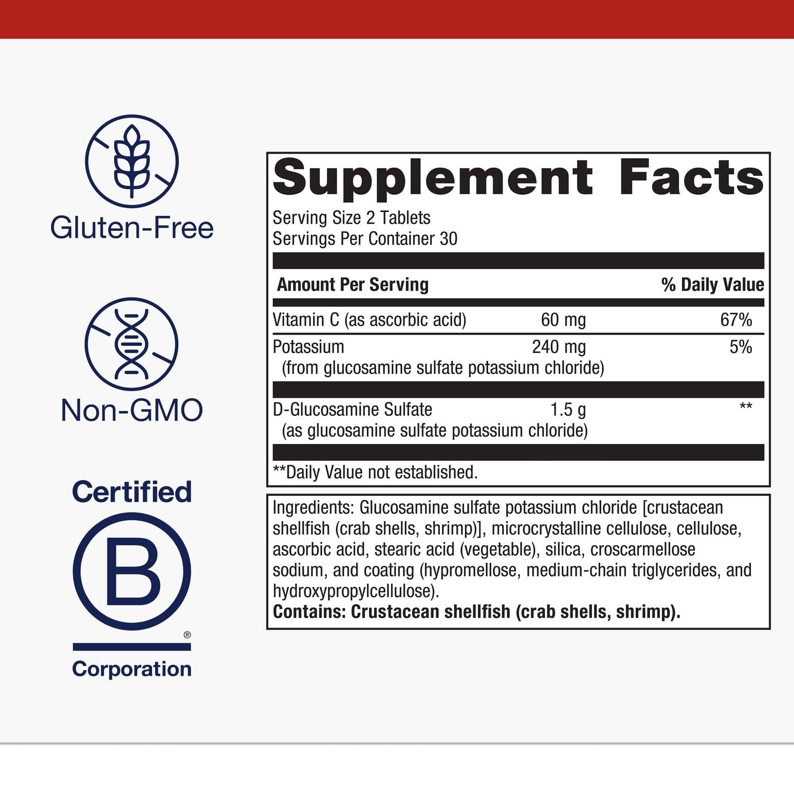 Close-up of label showing 1500 mg glucosamine sulfate per serving