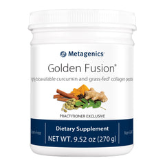 Metagenics Golden Fusion bottle with scoop on countertop