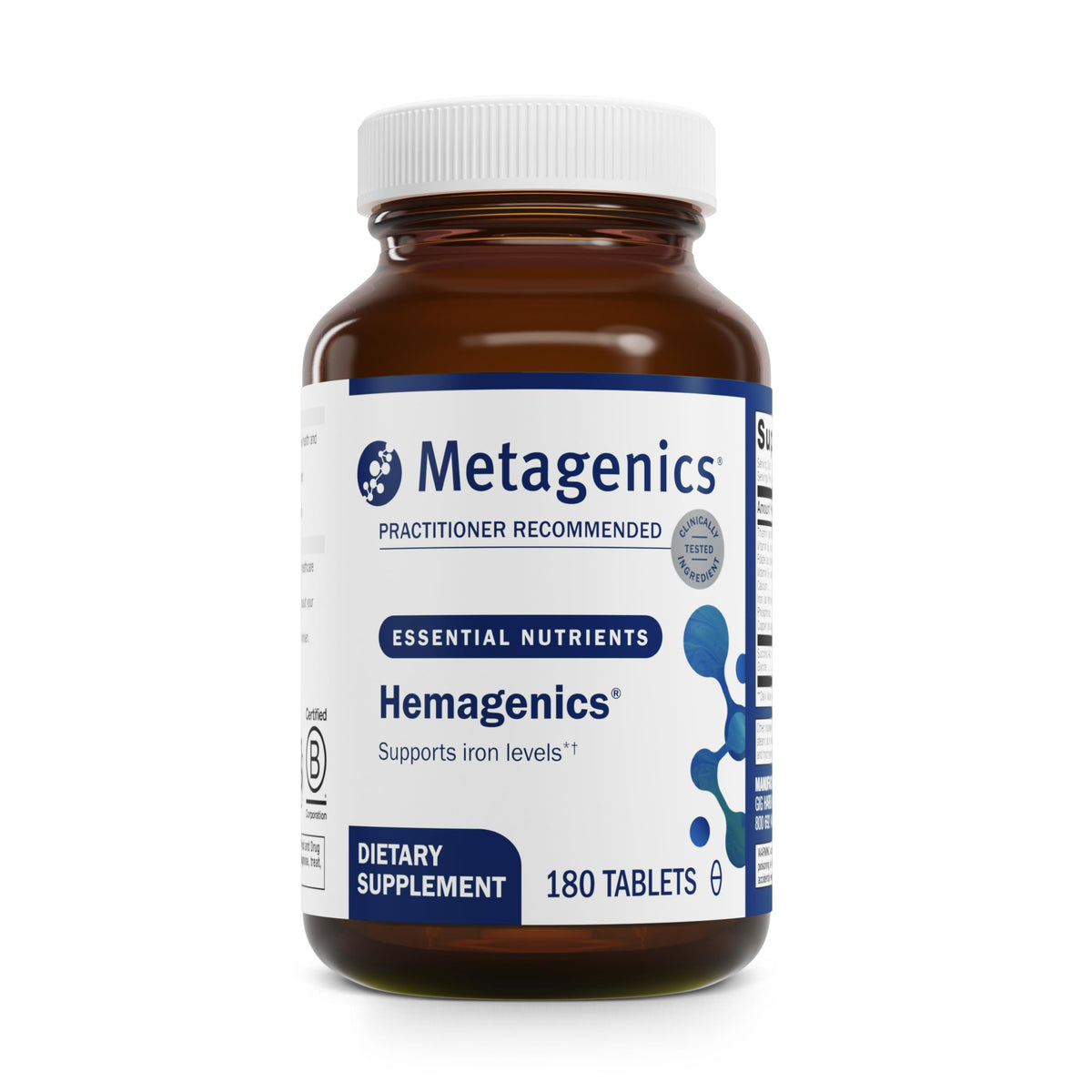 Bottle of Metagenics Hemagenics iron supplement with B12, B6 and folate – 180 tablets