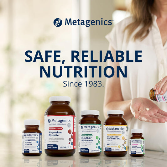 Close-up of Metagenics Hemagenics iron supplement bottle